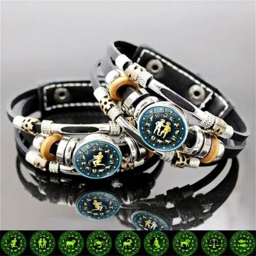 12 Constellation Bracelet Luminous Virgo Leo Pisces Aries Cancer Button Bracelet Multilayer Weave Leather Bracelets for Women