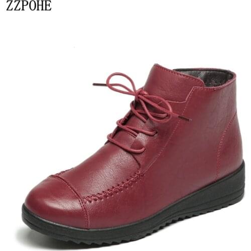 ZZPOHE Fashion Warm Snow Boots PU Leather Women Boots Ladies Lace Up Fur Ankle Boots Female Causal Non-Slip Flat Winter Shoes