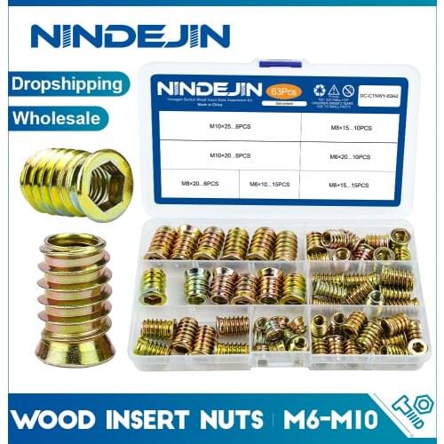 NINDEJIN 63pcs Wood Insert Nuts M6 M8 M10 Hexagon Wood Threaded Inserts Galvanized Carbon Steel Furniture Screw in Nut Connector