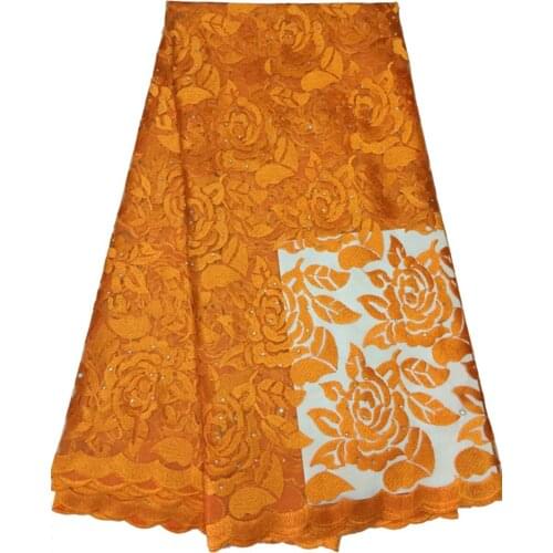 Newest pattern Factory Direct Selling orange color Appliqued French Lace Wholesale Price High Quality African Tulle Lace fabric