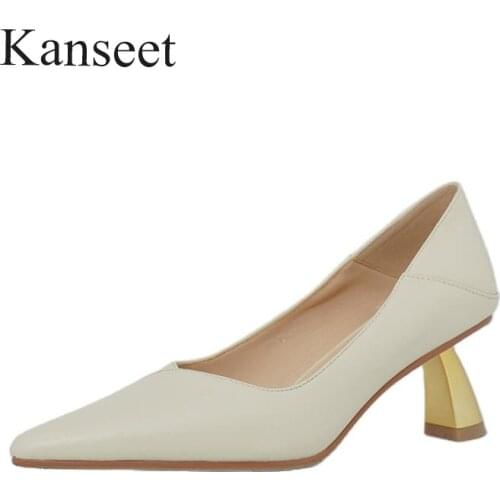 Kanseet 2021 New Women Pumps Spring Autumn Office Lady Genuine Leather Mature Female Handmade Pointed Toe Shallow High Heel Shoe