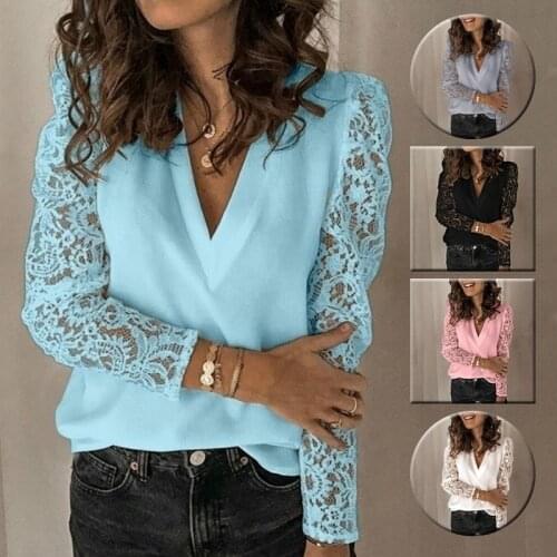 Womens Casual Solid Color Lace Tshirts Long Sleeves Chiffon Plus Size Top Women Clothing Loose Pullover V Neck Tunic Tee Shirts