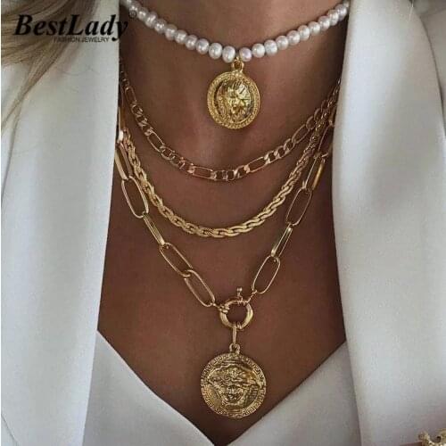 Best Lady 2021 Vintage Layer Link Chain Pendant Necklace for Women Punk Classcial Letter Collar Choker Necklaces Pearls Jewelry