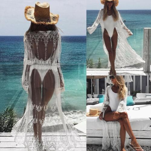 Sexy Casual Holiday Women Long Sleeve See Through Lace White Crochet Bikini Cover Ups Swimwear Summer Bathing Beach Cardigan