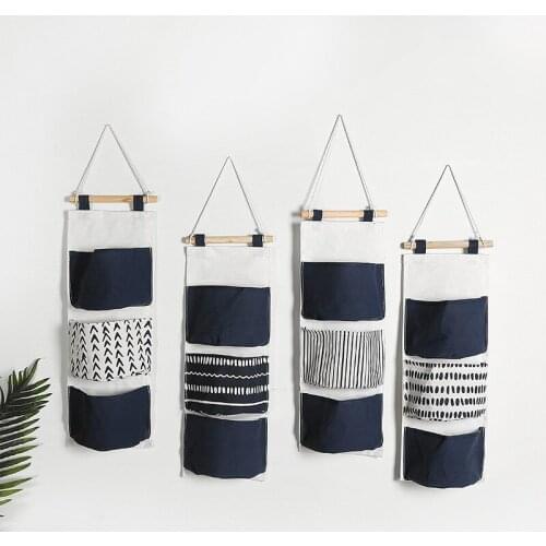 Blue 3 Pockets Wall Hanging Storage Bags Cotton Linen Door Organizer Pouch Bedroom Home Decoration Kitchen Bathroom Storage