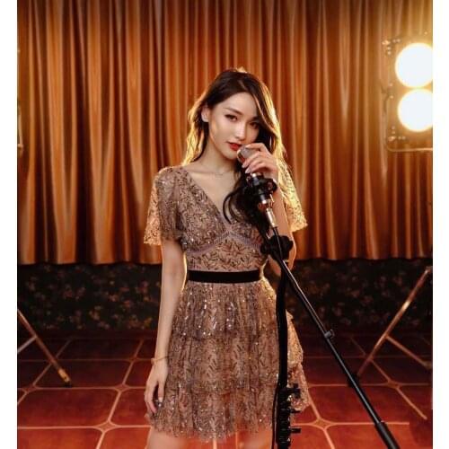 SP same new womens dress early autumn 2020 leaf Sequin dress close waist short skirt pf20-022