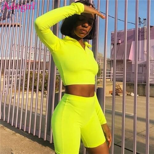 Adogirl Fluorescence Fitness Two Piece Set 2019 Autumn New Zipper Turtleneck Full Sleeve Crop Top High Waist Shorts Tracksuit