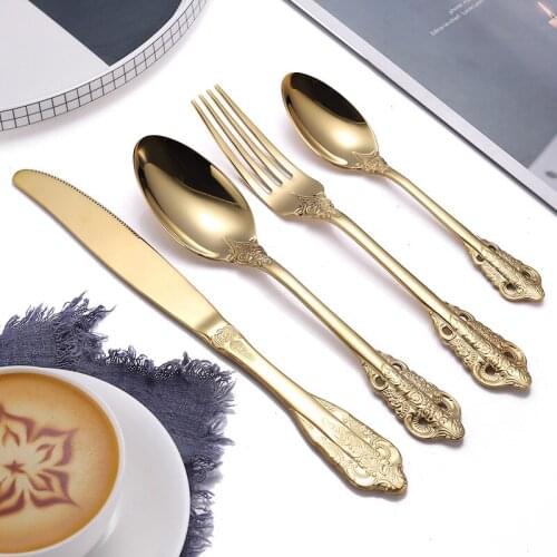 4pc/set 304 Stainless Steel Cutlery Retro Embossed Western-style Dinner Spoon Steak Knife and Fork Coffee Teaspoon Tableware set