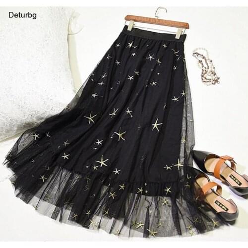 Womens Elegant Black Long Mesh Skirt Korean Female High Waist Star Embroidery Pleated A-line Skirts Faldas 2021 Autumn Sk834