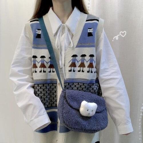 2021 Women Autumn 2 Piece Sets Solid Loose Shirts and Sweet Knitted V-neck Printed Vest Korean Style Chic Two-piece Suits Q885