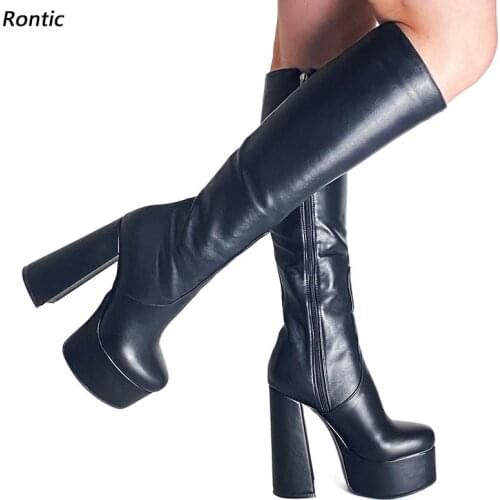 Rontic Handmade Women Platform Knee Boots Faux Leather Side Zipper Chunky Heels Round Toe Black Party Shoes US Size 5-15