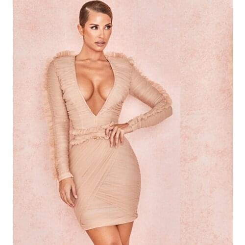 New Arrival Beige Mesh Sexy Deep V Neck Women 2021 Elegant Bandage Dress Summer Elegant Bodyocn Party Vestidos Celebrity