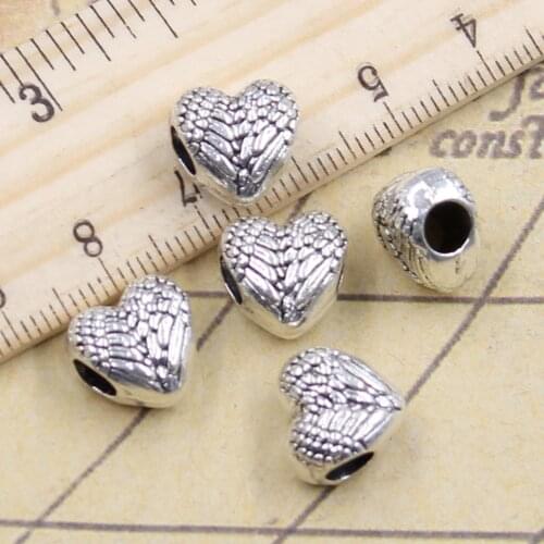 10pcs Beads Heart Angel Wings 4.5mm Big Hole Charms European Pendant Fit For Bracelet DIY Antique Silver Color Fit Making