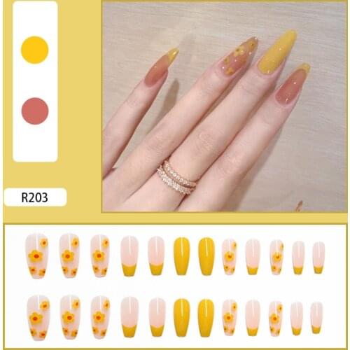 24pcs Daisies Printed Nail Patch Glue Type Removable Long Paragraph Fashion Manicure Wearable False Nails Patch TN
