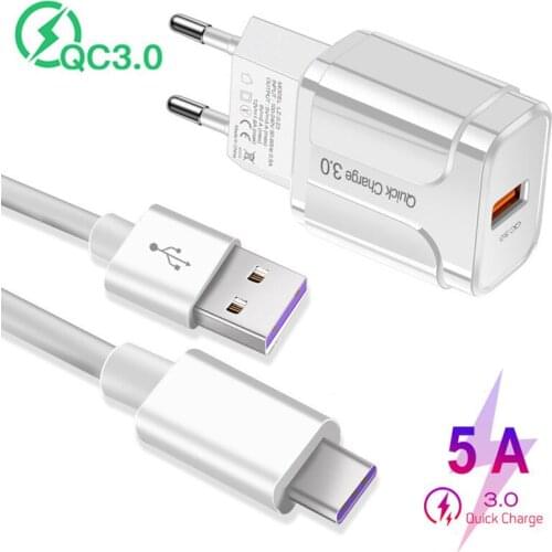 Quick Charge QC 3.0 18W USB Charger & USB 5A Type C Cable For Samsung A50 A30 Huawei P30 Honor 9X 9 10 20 OPPO Reno vivo iQOO 3