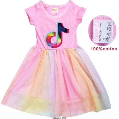 Tik Tok Summer Girl Kid T Shirt Colour Gauze Pleated Princess Patchwork Dress Cute Cartoon Printed Tik Tok Baby Child Clothes