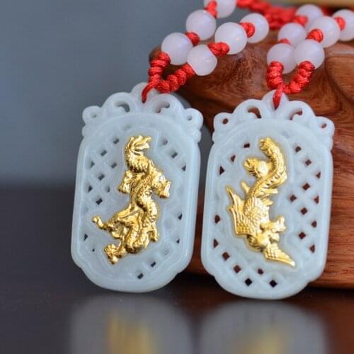 Dragon Phoenix Square Hollow White Jade Pendant Necklace For Men Women Jade Pendants Good Quality