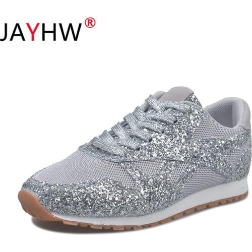 JAYHW New Women Casual Glitter Shoes Mesh Flat Shoes Ladies Sequin Vulcanized Shoes Lace Up Sneakers Outdoor Sport Running Shoes