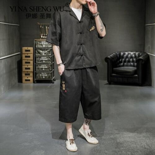 New Japanese Style Harajuku Kimono Short-Sleeved T-shirt Pants Two Piece Men Tops Shorts Suits Men Japan Yukata Cardigan Costume