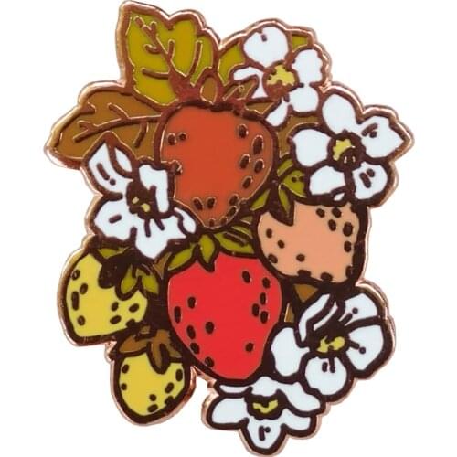 Kitsch Strawberry Brooch Cloisonne Rose Lapel Pin floral fruit accessory