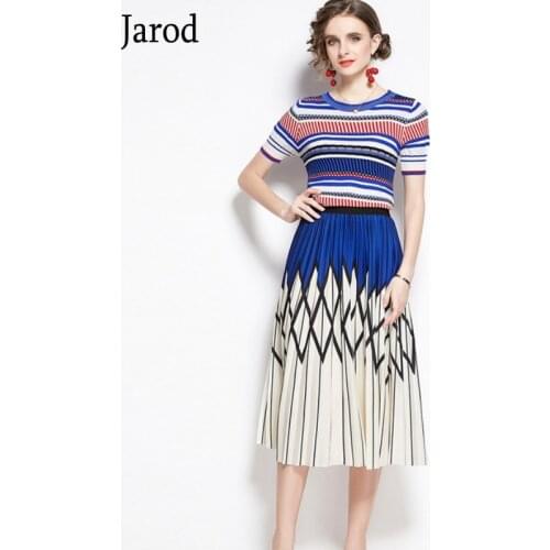 2020 summer Two Piece Set Elegant Striped Knitted Pullover T-Shirt Top + High waist Pleated Long Skirts Suits Summer Outfits