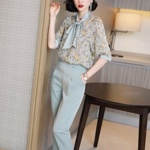 Korean Fashion Suit Female Chiffon Printed Shirt Top and Pants Summer Two Piece Set OL Women Sets Casual Elegant Outfit