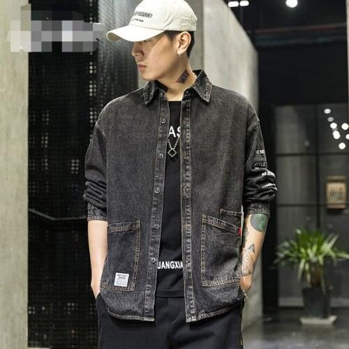 Spring autumn 2021 letter printed mens tooling Korean trendy coat man loose casual lapel plus fat 5XL denim jacket