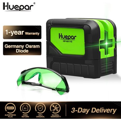 Huepar Green Beam Laser Level 2 Cross Lines 2 Points Professional 180 Degrees Self-leveling+Huepar Laser Enhancement Glasses