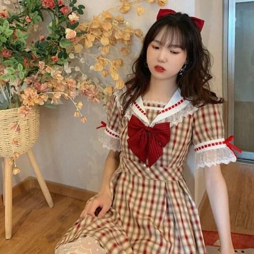 Hstar Summer Lace Japanese Kawaii Sailor Collar Lolita Elegant Ruffles Plaid A-line Dress Sweet Preppy Style Fairy Vestidos