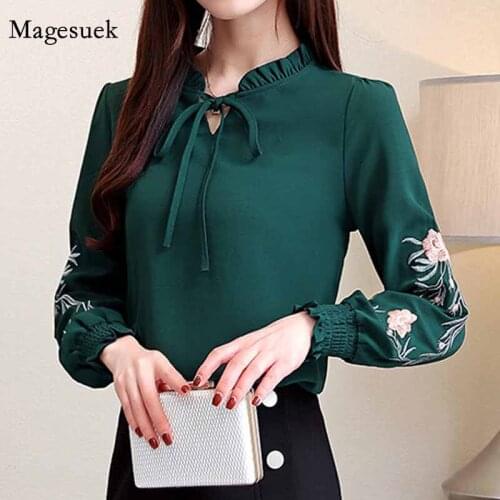 Plus Size Fashion Long Sleeve Womens Tops and Blouses Women Tops 2020 Floral Embroidery Chiffon Blouse Shirt Women Shirt 1645