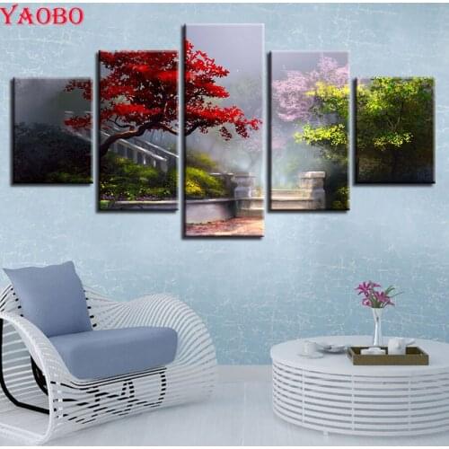 New 5 pcs sets tree Landscape Diy diamond painting crystal square drill round diamond cross-stitch diamond embroidery for sale