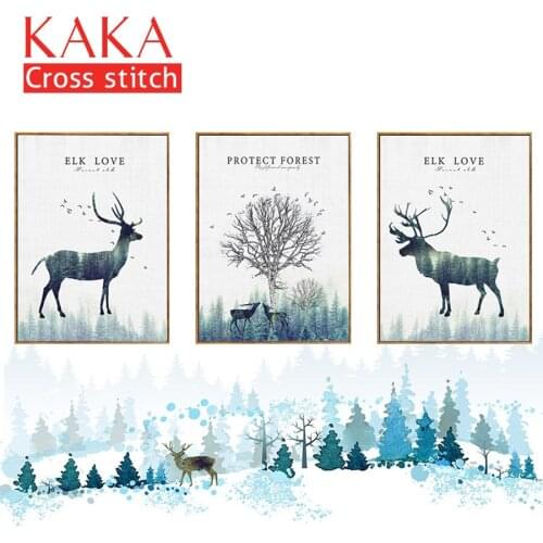 KAKA Cross stitch kits Embroidery needlework sets with printed pattern,11CT canvas,Home Decor for garden House,5D Elks Forest