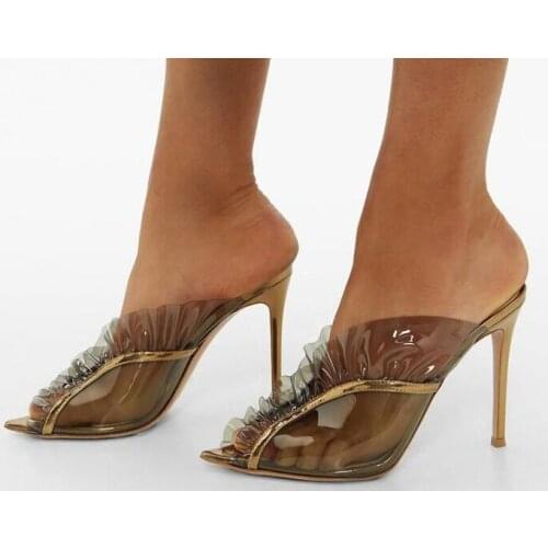 Cheap Gold Gray Patchwork Open Toe Slip On Ruffles Sandals Woman Stiletto Heels Transparent PVC Party Slippers Sandals Shoes