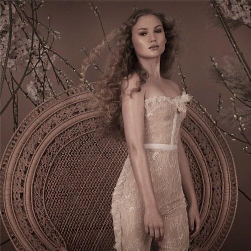 New Celebrity Apricot Strapless Lace Fashion Chic Mono Womens Rompers Bandage Jumpsuits Night Club Party Jumpsuit