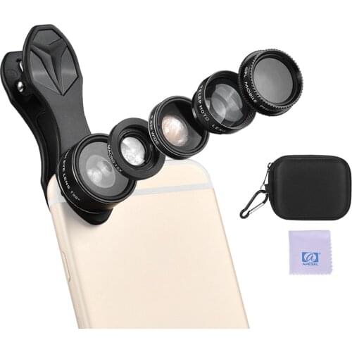 APEXEL APL-DG5H 5 in 1 Cellphone Lens for iPhone Samsung Huawei Xiaomi Smartphone 198 Degree Fisheye Lens 0.63X Wide Angle Lens