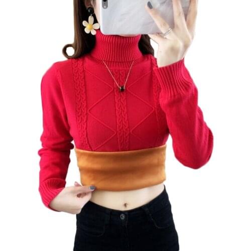 Autumn Women Turtleneck Sweater Pullover NEW Fashion Slim Large Size Winter Plus Velvet Warm Knitted Sweater Jumper Female Tops