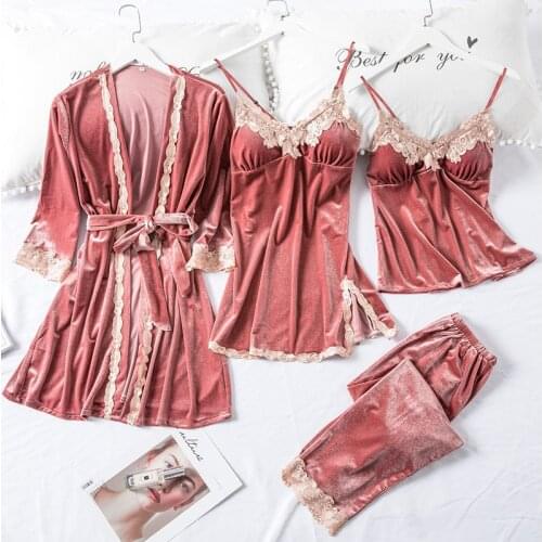 Nightwear Velour 4PCS Pajamas Suit Sexy Casual Softy Sleep Set Loung Sleepwear Women Warm Autumn New Strap Top&pants Pijama