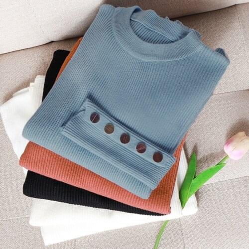 Casual basic Autumn winter Women thick Sweater Pullovers button sleeve o-neck chic Sweater Female Slim knit soft jumper Pullover