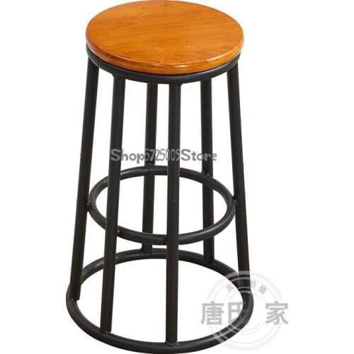 Simple Round Stool Bar Table Iron High Footed Stool Solid Wood Counter Ktv Bar Chair Retro Milk Tea Shop Mobile Phone Shop Stool