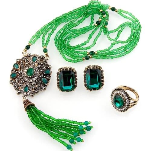Sunspicems 2021 Retro Gold Color Morocco Bead Necklace Crystal Earring Round Ring for Women Bohemia Ethnic Wedding Jewelry Sets