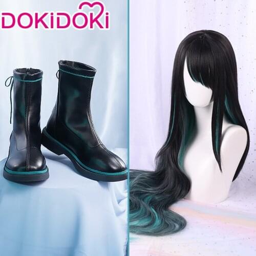 DokiDoki Game Arknights Dusk Cosplay Wig Shoes Women Game Arknights Dusk Cosplay Wig Shoes Halloween Long Hair Cyan Black