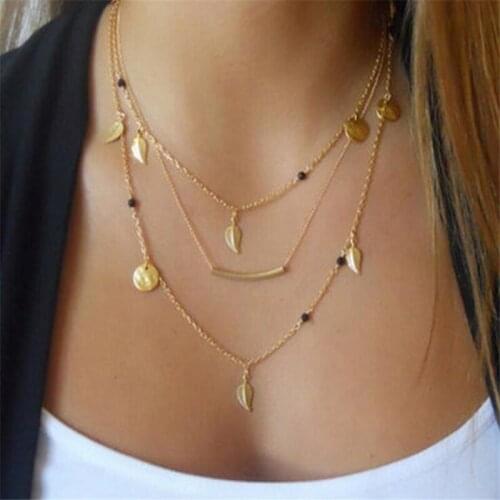 Vintage Black Bead Leaf Pendant Geometric Multilayer Necklace for Women 2021 New Trendy Delicate Jewelry Wholesale