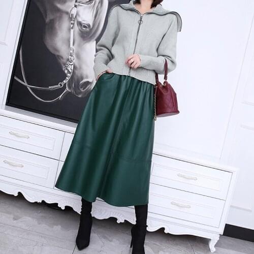 Chic womens casual elastic waist leather a-line skirts spring autumn high quality genuine leather high-rise skirt C201