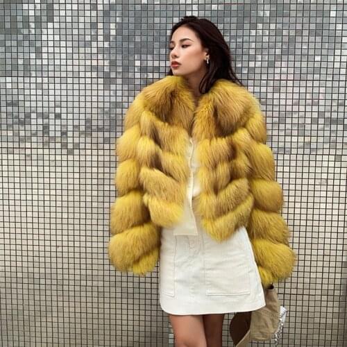 JANEFUR Women Warm Real Fox Fur Coat Short Slim Winter Genuine Fur Jacket Fashion Outwear