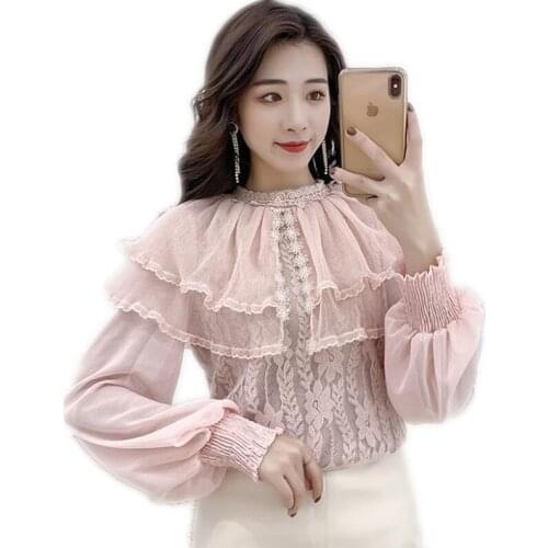 Sweet Lace Blouses Girls 2019 New Fashion Spring Autumn Women Tops O-Neck Chiffon Solid Long Lantern Sleeve Blouses Mujer Q1262