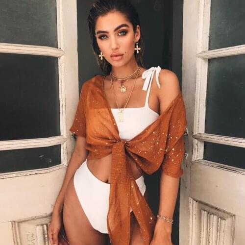 Printed star Cover Up Summer Women Retro Sunscreen Long sleeve shawl Beachwear Beach Bathing Suit Swimsuit Short paragraph