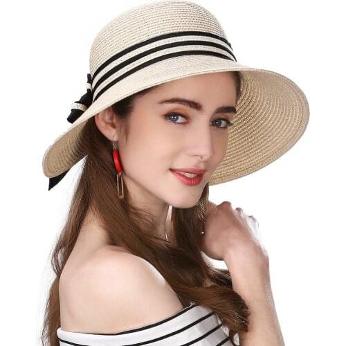 Womens Floppy Summer Sun Beach Straw Hat UPF50 Foldable Wide Brim 55-60cm