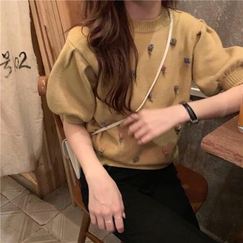 Korean 2021 New Women Spring Sweet Short Sweater Jacket Puff Sleeve Knitted Pullovers Jumpers Casual Tops