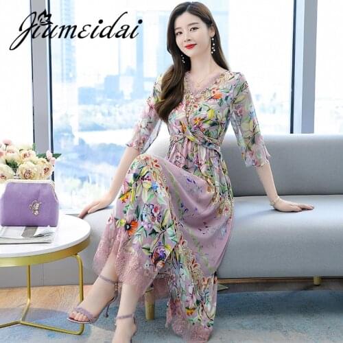 JiuMeiDai 2021 Women Summer Elegant A-Line Lace Dress Office Lady Floral Robe Femme Vintage Designer Party Clothing Vestidos