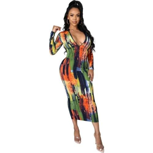 New 2021 Autumn V-neck Flower Print Pencil Dress Sexy Knee-length Women Vestidos Elegant Occupation Bodycon Dresse